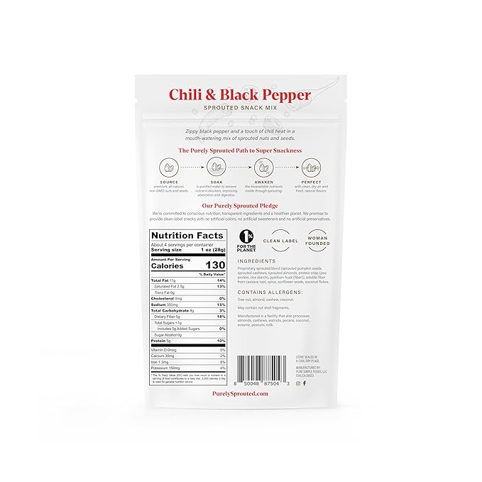 Purely Sprouted Chili & Black Pepper Snack Mix: Vegan, Gluten-Free, and Non-GMO Blend for a Healthy Crunch! (4 oz, 6 pack)