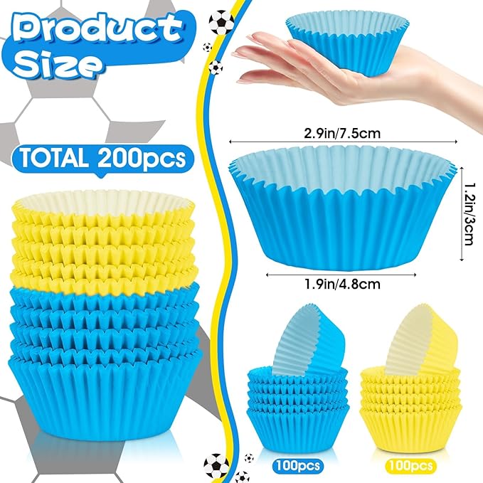 200PCS Blue and Yellow Cupcake Liners Muffin Baking Cups Wrappers for Yellow and Blue Birthday Party Supplies Disposable Pastel Cupcake Papers for Sports Theme Soccer Birthday Party Decorations