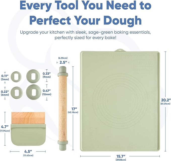 Chef's Path Baking Essentials Set - Adjustable Rolling Pin with 4 Thickness Rings, Reversible Baking Mat, 2-in-1 Silicone Dough Scraper & Wooden Dough Cutter - Food-Safe Baking Tools, Sage Green