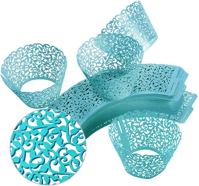 GOLF 100Pcs Cupcake Wrappers Artistic Bake Cake Paper Filigree Little Vine Lace Laser Cut Liner Baking Cup Wraps Muffin CaseTrays for Wedding Party Birthday Decoration (Blue)