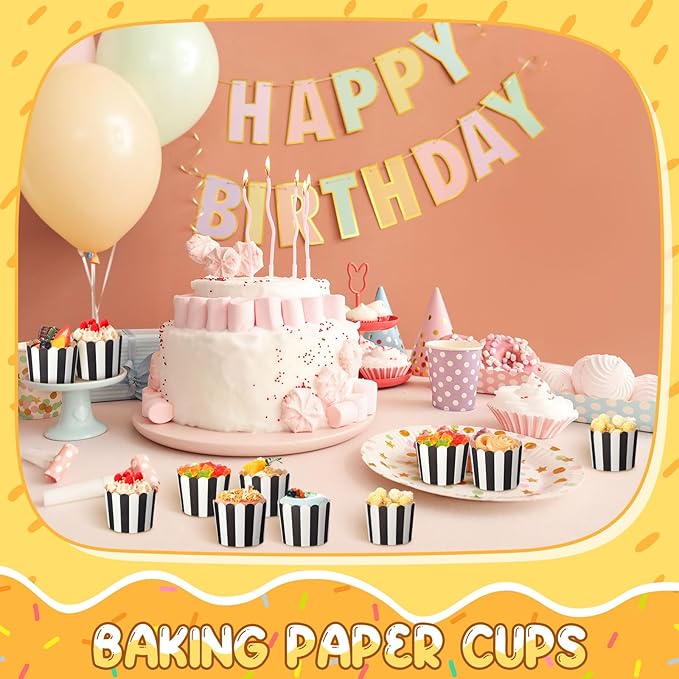 300 Pcs Cupcake Liners Baking Paper Cup Muffin Liners Stripes Cupcake Wrappers 2.3 Inch Muffin Baking Cups for Carnival Halloween Birthday Party Supplies(Black and White)