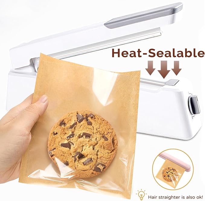 Ocmoiy 100 Pcs Cookie Packaging Bags with Seal, 5.7x6.5 Inch Paper Bakery Bags with Window, Heat-Sealable & Grease-Resistant Bake Sale Sleeves for Treat, Donut, Scone, Brownie, Cake Slice