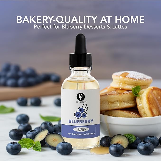 Dolce Flav Blueberry Extract – 2 Ounce Oil-Soluble Kosher, Sugar-Free, Concentrated Ripe Blueberry Flavoring for Baking, Chocolates & Desserts, Includes Measured Dropper