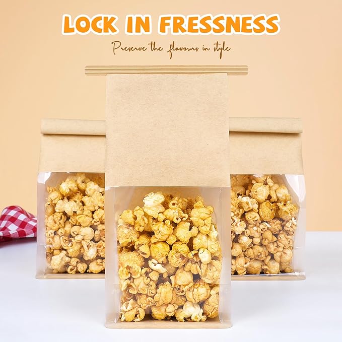 50 Pack Small Bakery Bags with Window, 3.9x3.1x8.2 Inches Tin Tie Tab Lock Cookie Packaging Bag Resealable Paper Treat Bags for Homemade Granola, Baked Goods Gift Giving