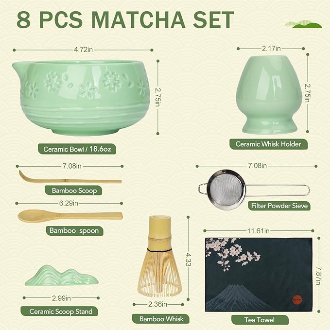 Matcha Whisk Tea Set: Ceramic Bowl with Spout, Bamboo Matcha Whisk & Spoon, Chasen Holder, Scoop Rest, Sifter, 8-Pcs Japanese Matcha Powder Kit–Gift for Ceremony & Matcha Lovers-Mint