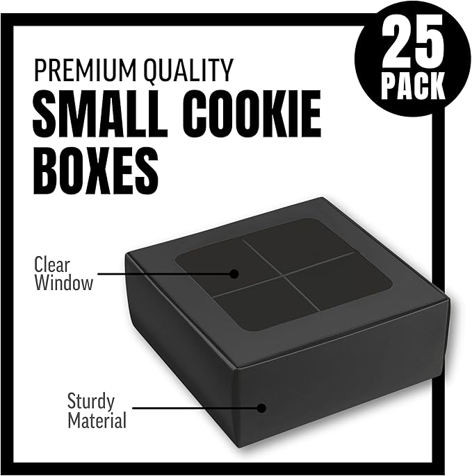 25 pcs Black Mini Cookie Boxes for 4 treats with Window and Dividers, Bakery Boxes, 6 x 6 x 2.4 Inches SMALL Baking Boxes, Square Cookies Box Decorating Supplies for Gift Giving