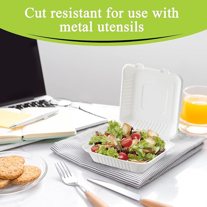 three leaf 8" x 8" 1 COMPARTMENT BAGASSE CLAMSHELL, 200 Ct. Heavy-Duty- Super Strong- Natural- Eco-Friendly Disposable Bagasse Clamshell, 100% Biodegradable 8 inch clamshell