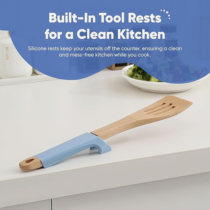 Chef’s Path Wooden Cooking Utensils Set – 5-Piece Beech Wood Kitchen Utensils Set with Silicone Spoon Rest, Wooden Spatula, Serving Spoon, Wooden Spoons for Cooking & Rotating Utensil Holder, Blue