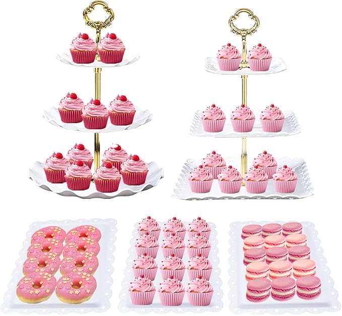 Dessert Table Display,5Pcs Cake Stand Set,2Pcs 3 Tiered Cupcake Stands and 3Pcs Dessert Trays Serving Trays for Party Baby Shower Wedding Tea Party