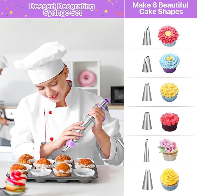 Dessert Decorating Syringe Set, Frosting Piping Kit Stainless Steels Cake Decorating Kit with 6 Icing Nozzles, 3 Cream Scraper, 2 Offset Spatula, 2 Nozzle Brush, 14 Baking Cups for Kitchen Baking