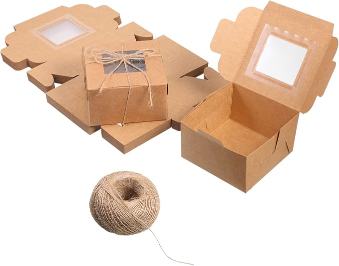 50 Pieces Bakery Box with Window Cookie Boxes Mini Kraft Boxes Gift for Pastries, Candy, Pie, Cupcakes, Soap Packaging for Homemade Soap (4 x 4 x 2.5 Inch, Brown)