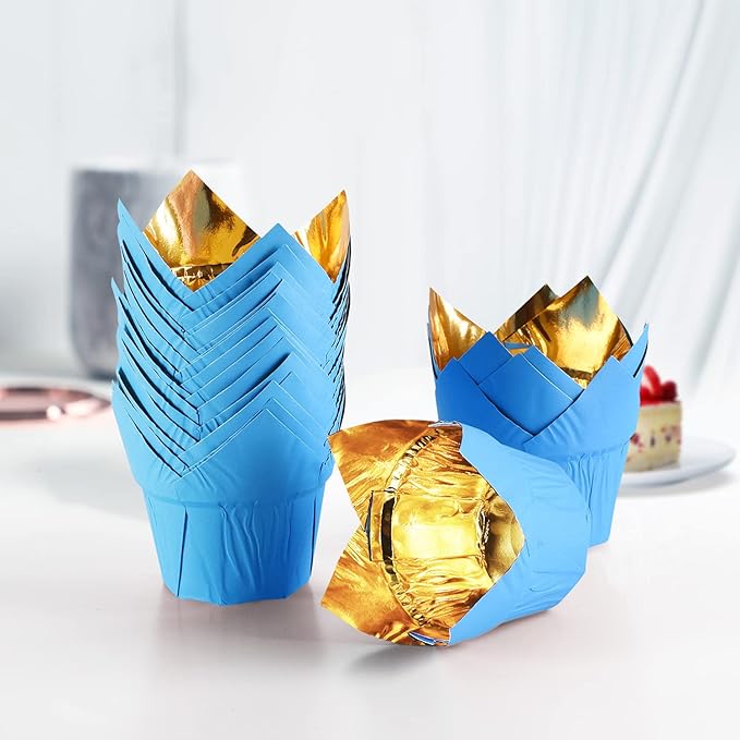 Party Hippo Gold Tulip Cupcake Liners 100 Pcs Baking Paper Cups Holders Greaseproof Muffin Cases Wrappers for Wedding Birthday Party Baby Shower (Blue)