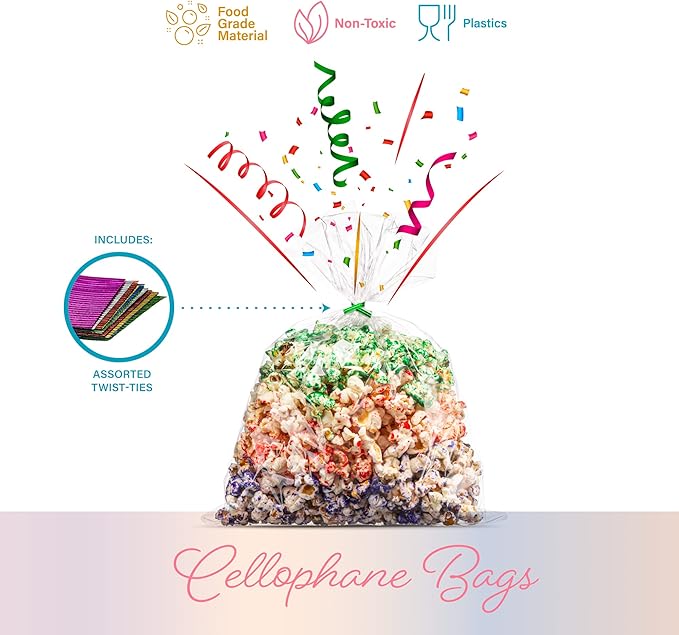 Prestee 200-Pack Clear Plastic Cellophane Gift Bags [9x12] with 4" Twist Ties - Perfect for Candy, Cookies, & Treats (Pack of 200)