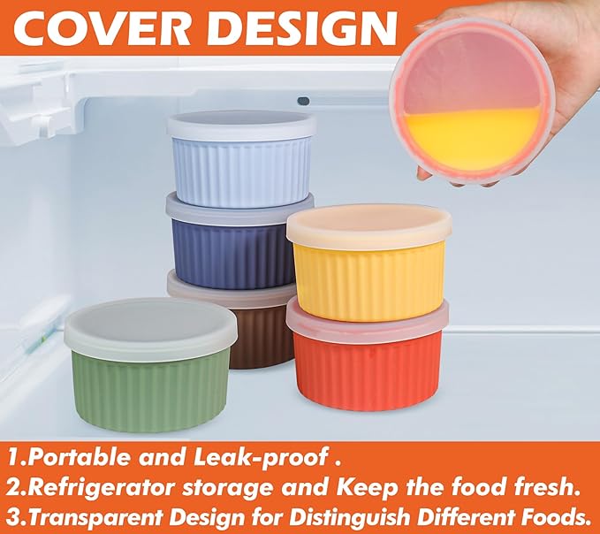 Koluti Nonstick Silicone Ramekins 8oz Set of 6, Creme Brulee Souffle Oven Safe Bowls with Lids, Pudding Dessert Baking Cups Ice Cream Snack Food Storage Container, BPA Free, Microwave, Freezer, Dishwasher Safe