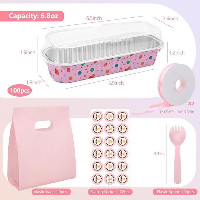 OcePor 100 Pack Mini Loaf Pans With Lids，Mini Cake Pans With Lids and Spoons，6.8oz Bread Loaf Pans Disposable，Small Aluminum Cake Tins,Baking Pans Individual (Colorful Polka Dot Powder)