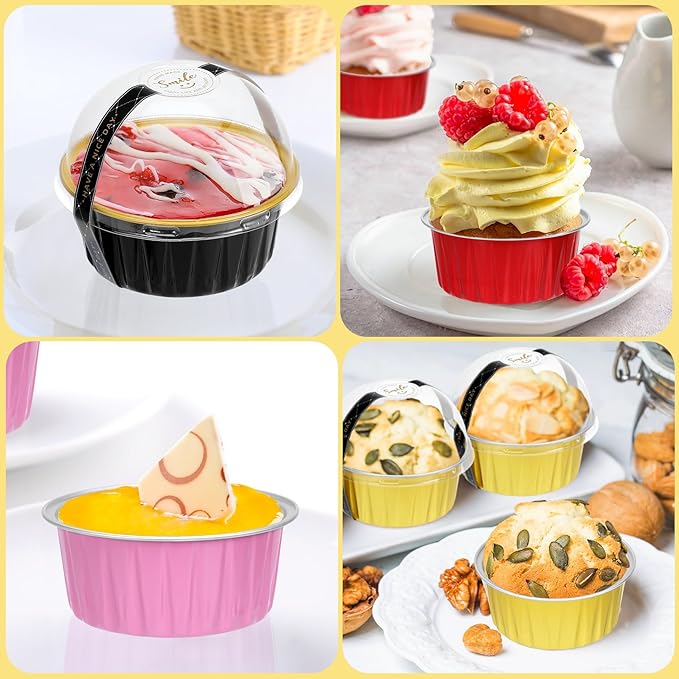 Mini Cake Pans with Lids and Spoons (100 Pack,Mixed color,5oz) Round Disposable Ramekins - Sturdy Aluminum Foil Cupcake Liners with Lids for Dessert and Party