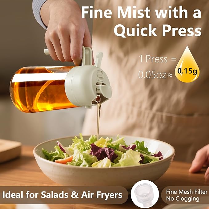 2PCS Oil Sprayer for Cooking, 16oz/470ml 2 In 1 Glass Olive Oil Sprayr & pourer for Kitchen, Air Fryer, Cooking, Salad, BBQ (Black,White)