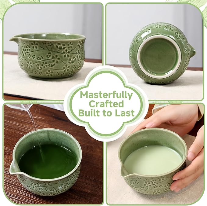 7 Pcs Matcha Whisk Set, Ceremony Matcha Kit with Matcha Bowl, Bamboo Whisk and Holder, Scoop and Scoop Rest, Sifter and Tea Towel, Gift for Matcha Lovers (Mottled Green/Cherry Blossom-Patterned 2)