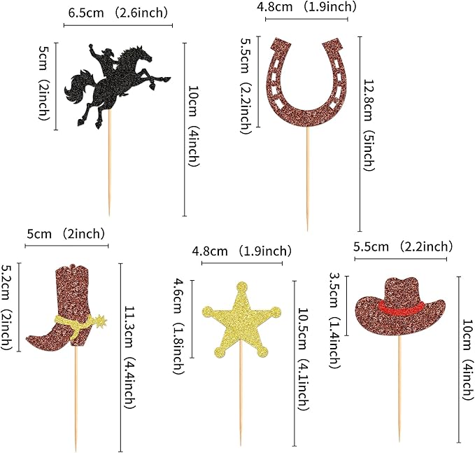 24pcs Cowboy Cupcake Toppers Glitter HorseShoe Cowboy Hats Boots Cupcake Picks Western Theme Baby Shower Boys Birthday Party Cake Decorations Supplies
