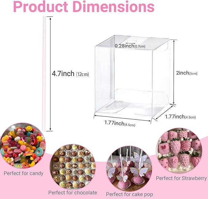 25 Pack Professional Cake Pop Boxes with Holes & 6" Sticks - Food-Safe 1.75 x 1.75 x 2" Clear Plastic Containers for Bakeries & Events