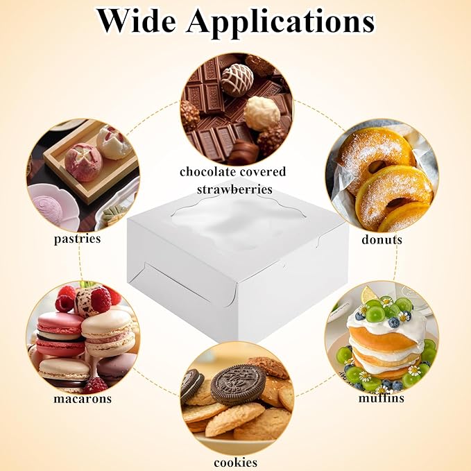 QTLCOHD 100 Pack Bakery Boxes 6 x 6 x 3 Inches Cookie Boxes with Window White Pastry Boxes Bulk Treat Boxes for Dessert, Cupcakes, Pastries, Cookies, Strawberries Chocolate