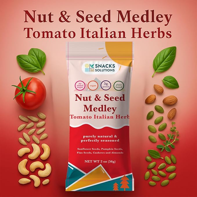 Snacks Solutions Nut and Seed Medley (2 oz - Pack of 8, Tomato Italian Herbs) Vegan, Plant Based, Gluten Free, No Added Sugar