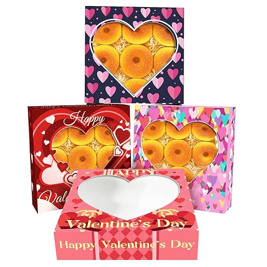 qiqee Auto-pop Up Valentine 30pcs Pie Boxes 10x10x2.5 inches Easy Assemble Macaroon Cookie Bakery Boxes with Window for Valentine's Day
