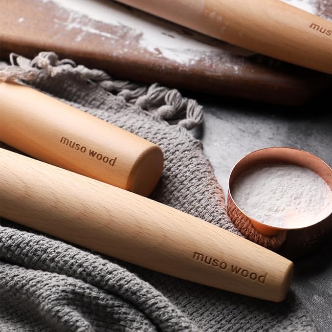 Muso Wood French Rolling Pin and Silicone Baking Mat Set, 15.75 Inch Beech Wood Tapered Rolling Pin for Fondant Pie Crust Cookie Pastry