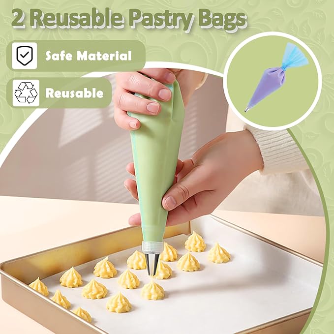 FANTEXY 33 Pieces Piping Bags and Tips Set,Reusable Cake Decorating Supplies with 2 Pastry Bags,24 icing tips,2 Couplers,2 Silicone Rings and 3 Scrapers,Frosting Piping Kit for Cupcake,Cookie