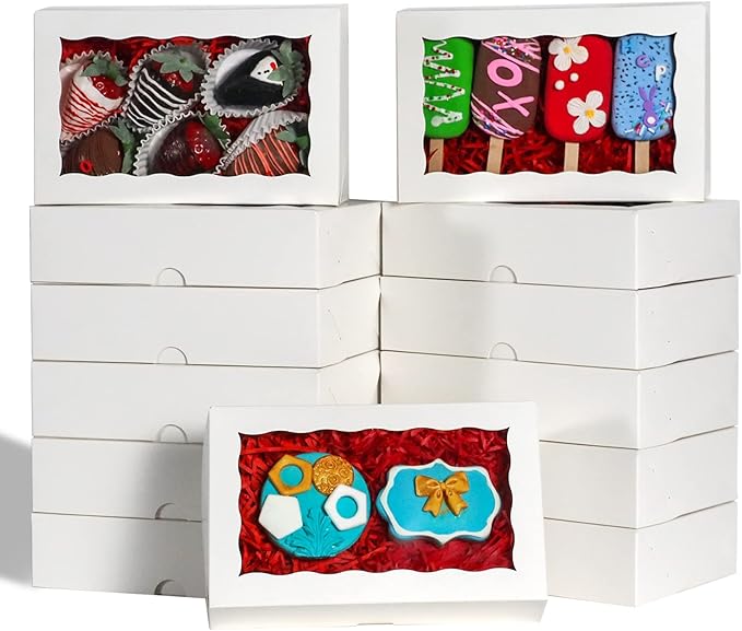 RomanticBaking 8x5x2 Inch 51PCS Bakery Boxes with Window for Cookies, Chocolate Covered Strawberries,Cakesickle, Chocolate Truffle Boxes Pretzel Box & Party Favors Packing