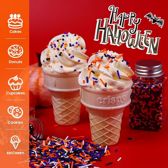 Edible Halloween Sprinkles for Cake Decorating, Halloween Jimmies Sprinkle, Nonpareils Sprinkle, White, Orange, Purple, and Black Sprinkles for Cupcakes, Macarons, Ice Cream, and Cookies