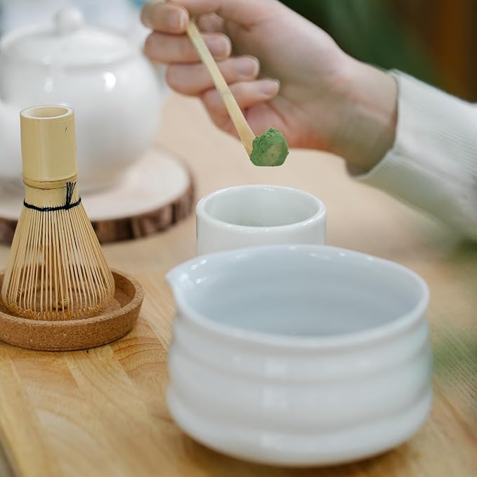 Matcha Whisk Set- Matcha Set includes Matcha Whisk and Bowl (Bowl with Spout), Sifter, Holder and Scoop- The Perfect Bamboo Whisk for Matcha Tea (White- 7PC)
