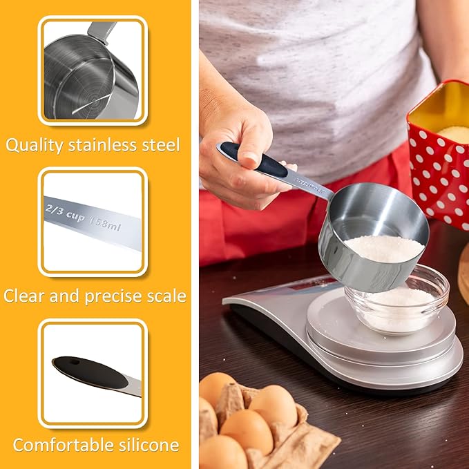 2PCS 2/3Cup (158ml, 5.4oz) Single Measuring Cup with Black Silicone Grip, Stainless Steel Individual Measure Scoop Only