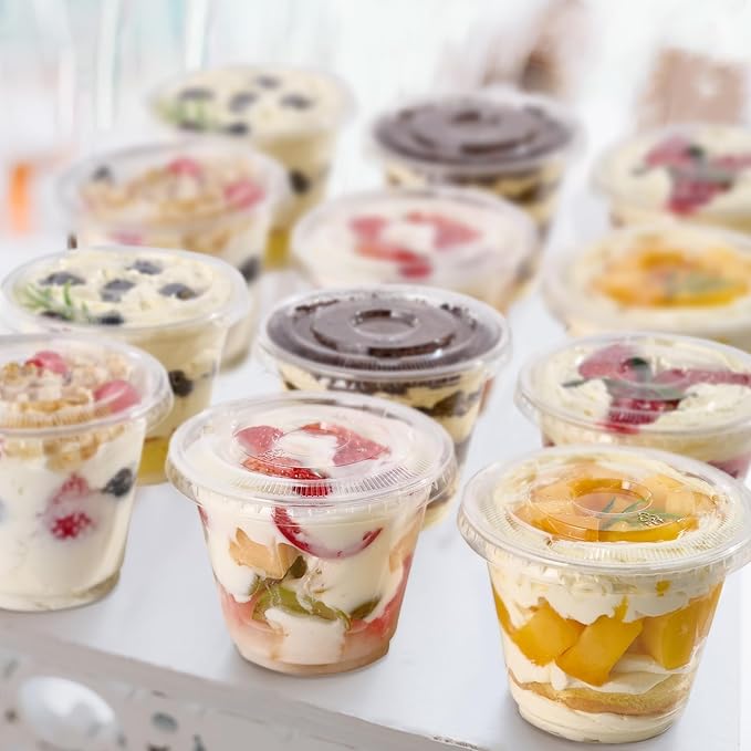 Turbo Bee 120 Pack 9 OZ Clear Plastic Cups with Flat Lids, Disposable Dessert Cups with Lids for Fruit, Snack Smoothie, Pudding and Ice Cream (No Hole)