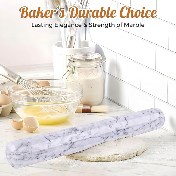 Flexzion French Rolling Pin, 12 Inch White Marble Rolling Pins for Baking with Wooden Base Holder Stand - Non-Stick Baking Roller for Baking Fondant, Crust, Pastry, Cookies, Pizza, Pasta