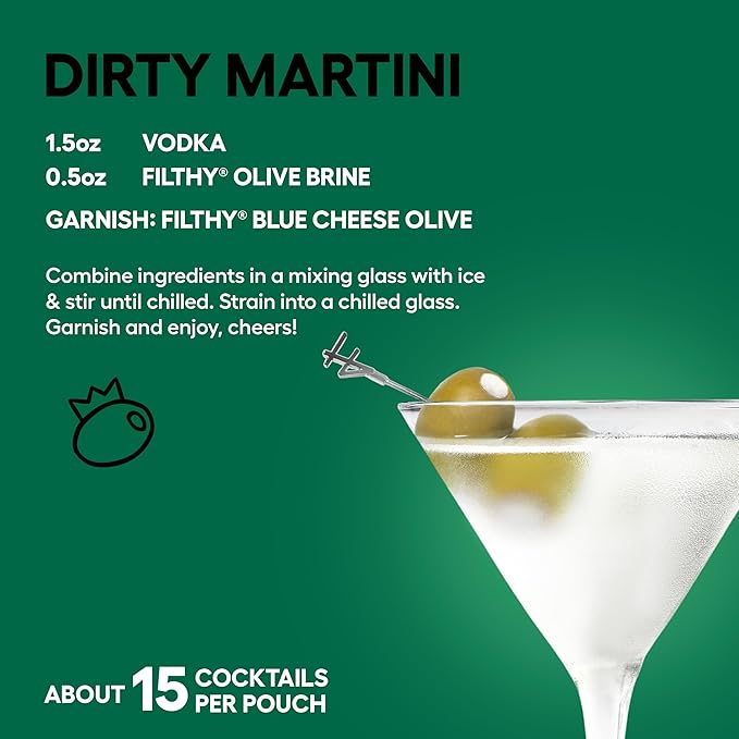 Filthy Olive Brine, Premium Cocktail Mixer, Filtered for Dirty Martinis, Olive Juice for Cocktails Made from Naturally Cured Olives, Non-Alcoholic, Non-GMO, Gluten Free, 8 Oz Pouch, 2 Pack