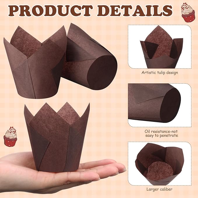 600 Pcs Tulip Cupcake Liners for Baking Muffin Liners Printed Baking Cups Holders Greaseproof Wrappers Decoration for Cupcake Bouquet Birthday Party Wedding Bride Shower (Brown)