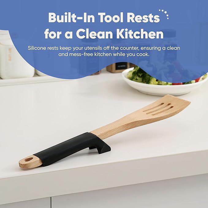 Chef's Path Wooden Cooking Utensils Set – 5-Piece Beech Wood Kitchen Utensils Set with Silicone Spoon Rest, Wooden Spatula, Serving Spoon, Wooden Spoons for Cooking & Rotating Utensil Holder, Black