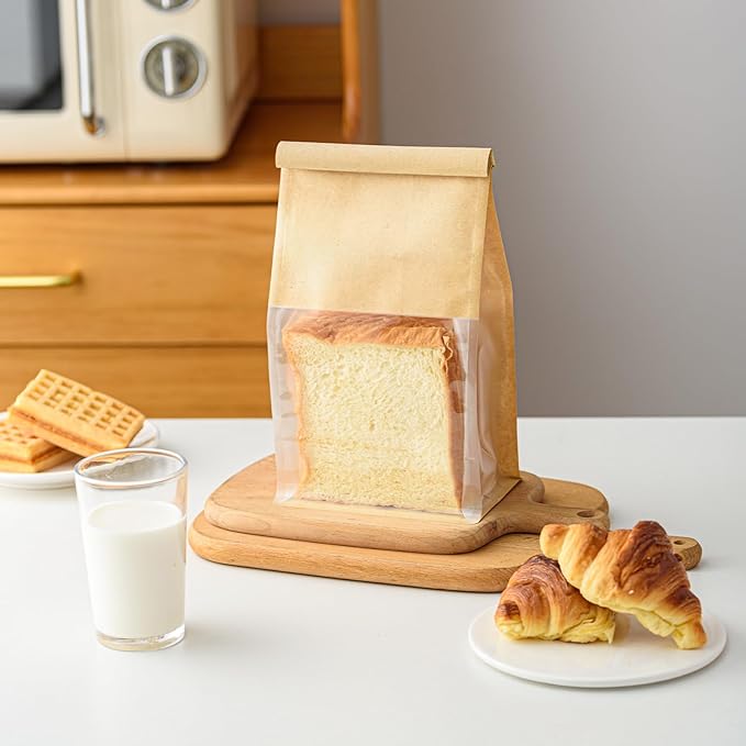 50 Pcs 5.1 Inch Brown Kraft Paper Bread Bags with Tin Tie, Small Homemade Bread Packing Bag, Thickened Storage Bagel Bag with Clear Window for Sourdough, Baked