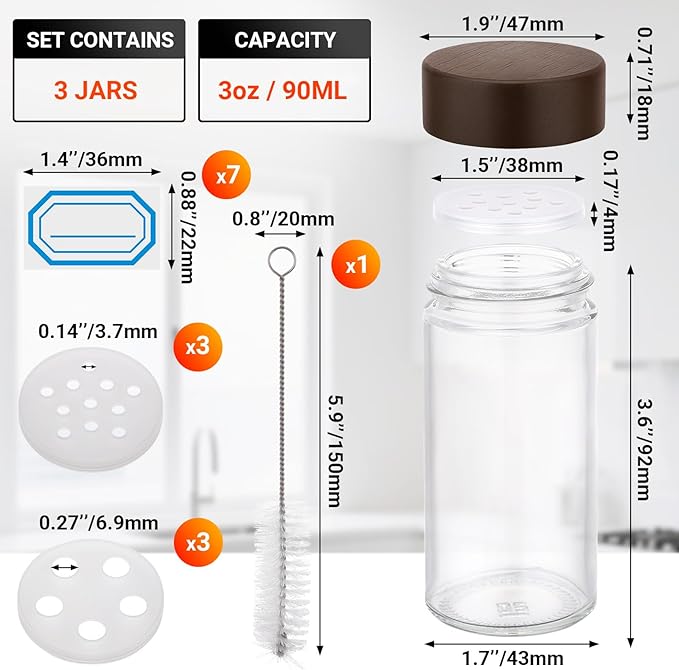 Segarty 3oz Spices Jars with Wood Lids, 3 Pack 90ml Round Spice Containers, Empty Glass Seasoning Organizers Spices Cereals Storage Bottles, Small Salt and Pepper Shakers with 7 Stickers and 1 Brush