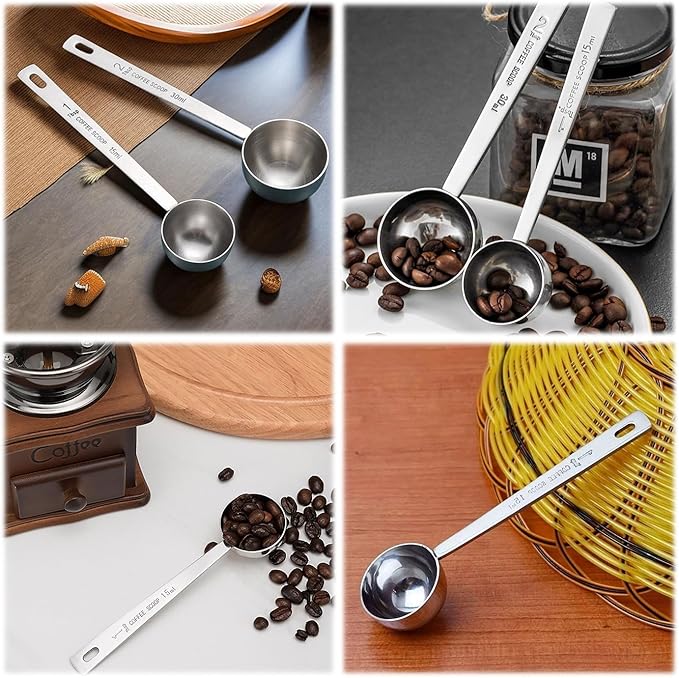 Long Handle 304 Stainless Steel Coffee Measuring Spoon Multi-Purpose Set Silver 2 Pieces 1 Tablespoon (15ml) and 2 Tablespoons (30ml)