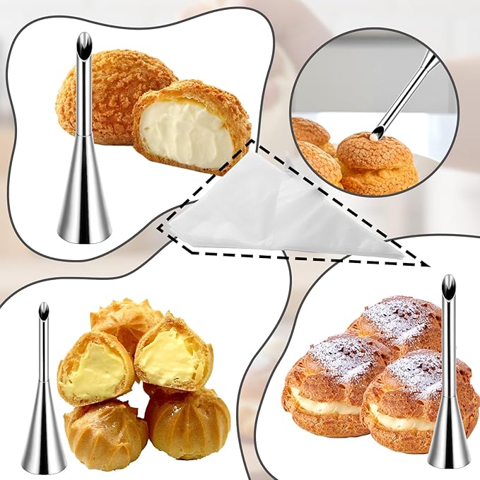 Puff Cupcake Filling Piping Tip Set, 50 Pcs Pastry Bags 3 Pcs Tips Stainless Steel Long Puff Nozzle Tip Disposable Clear Pipes Bag with 1 Piece Cleaning Brush for Birthday Wedding Christmas Donuts