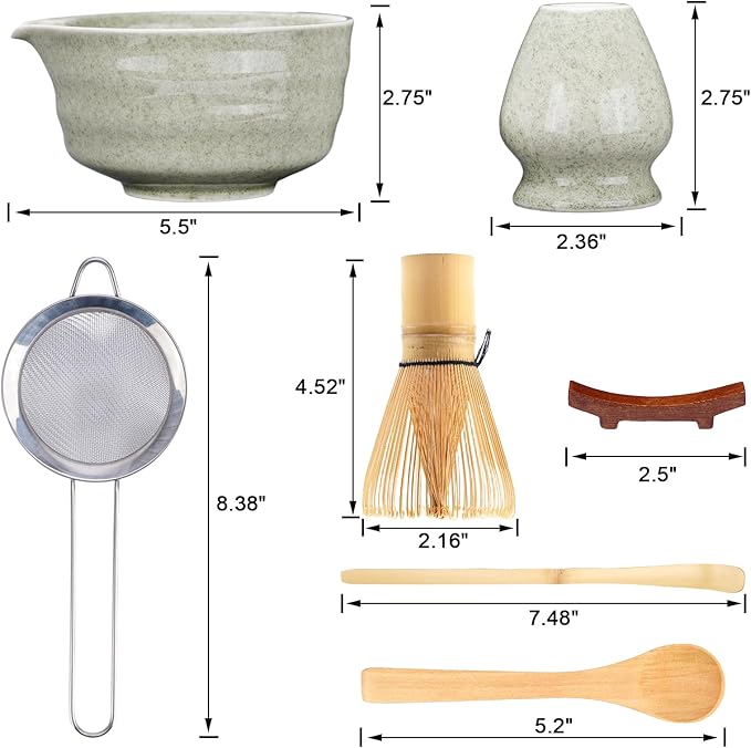 Matcha Whisk Set, 8pcs Matcha Set Ceremonial Grade Macha Kit Includes Bowl with Spout/Chashen Holder/Bamboo Whisk/Bamboo Scoop/Spoon/Sifter, Ideal Gift for Macha Lovers to Enjoy Making Tea