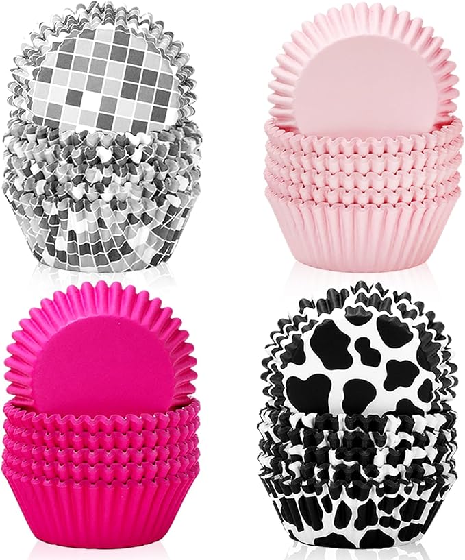 600Pcs Western Cowgirl Cupcake Liner Disco Ball Cow Print Pink Paper Baking Cup 4 Designs Muffin Liner Cake Storage Container for 80s 90s Party DIY Crafts Supplies