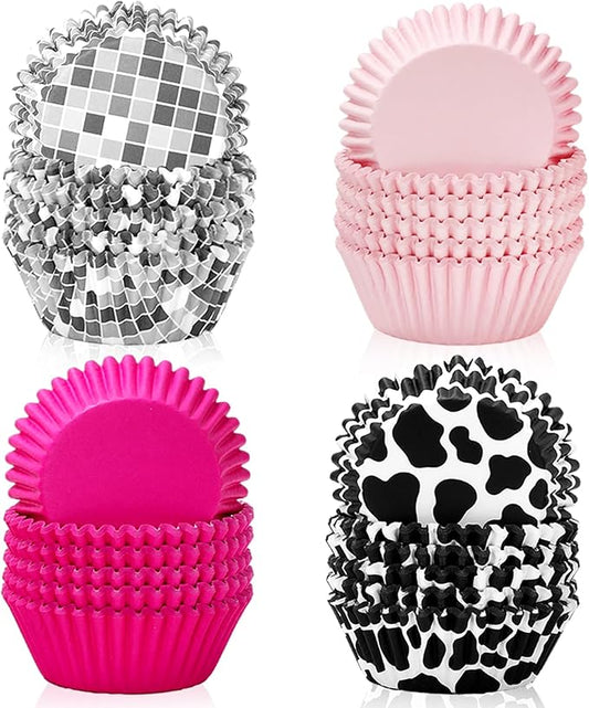 600Pcs Western Cowgirl Cupcake Liner Disco Ball Cow Print Pink Paper Baking Cup 4 Designs Muffin Liner Cake Storage Container for 80s 90s Party DIY Crafts Supplies