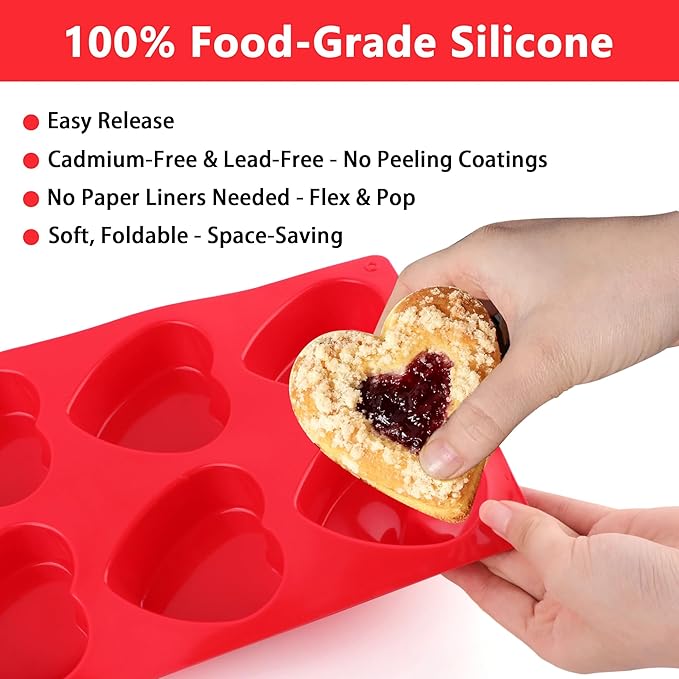 3-Pack 6-Cup Silicone Muffin Pans, Nonstick Cupcake Baking Molds, BPA/PFA-Free, Dishwasher & Oven Safe Heart-shaped Red