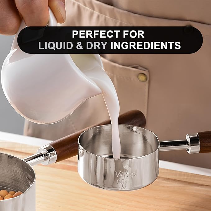SHIKORI Gold Measuring Cups and Spoons Set with Wood Handles, Premium Stainless Steel Measuring Spoons and Measuring Cups Set-Silver