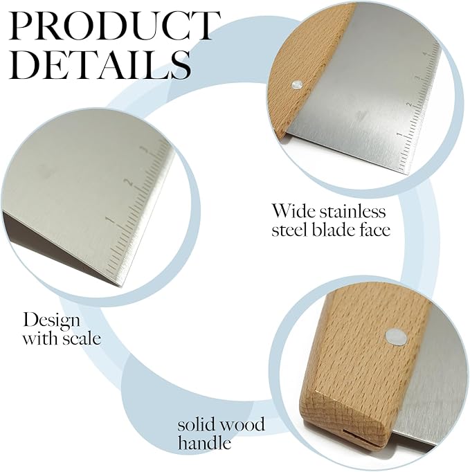 Bench Scraper with Scale, Stainless Steel Dough Cutter and Pizza Cutter, Multipurpose Kitchen Tool for Baking and Cooking, Professional Pastry Scraper for Bread Dough and Pizza