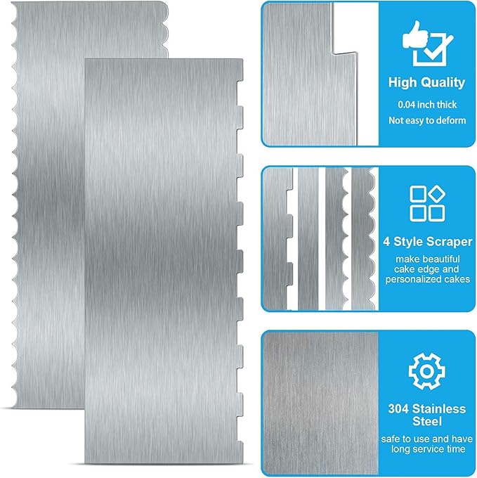 2 Pieces 8.7 Inche Stainless Steel Cake Scraper Double Sided Patterned Edge Stripe Edge Smoother Frosting Scraper Cake Decorating Cake Decorating Comb Cake Scraper For Butter Cream Mousse(2, 2)