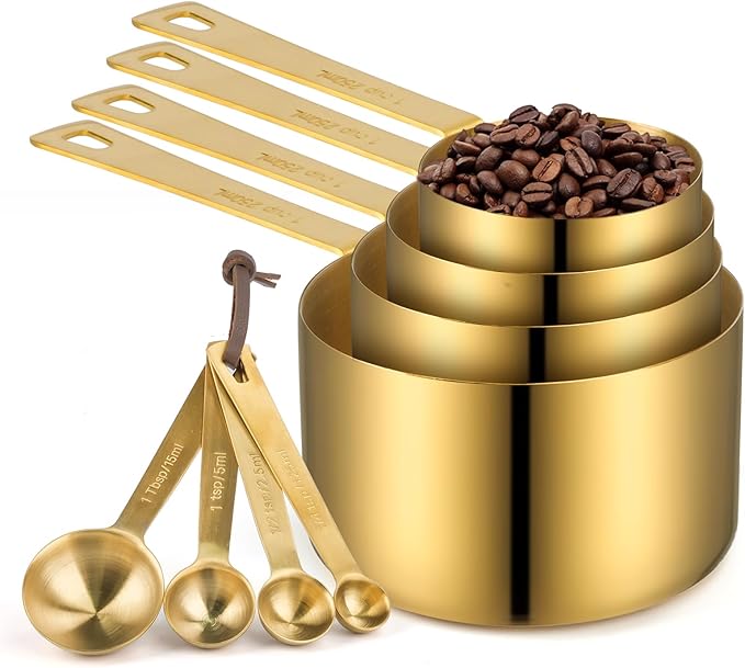 Stainless Steel Measuring Cups & Spoons Set, 8 Piece Stackable Accurate Tablespoon, Kitchen Gadgets for Cooking & Baking, Large, Golden